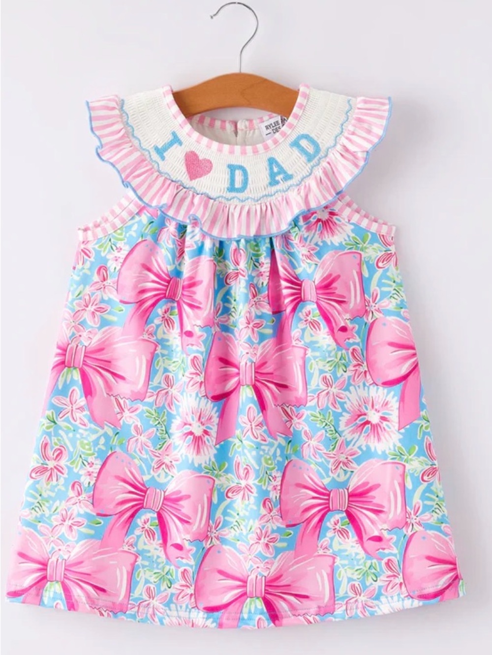 Embroidered I ❤️Dad Floral & Bows Ruffle Trim Girls Dress